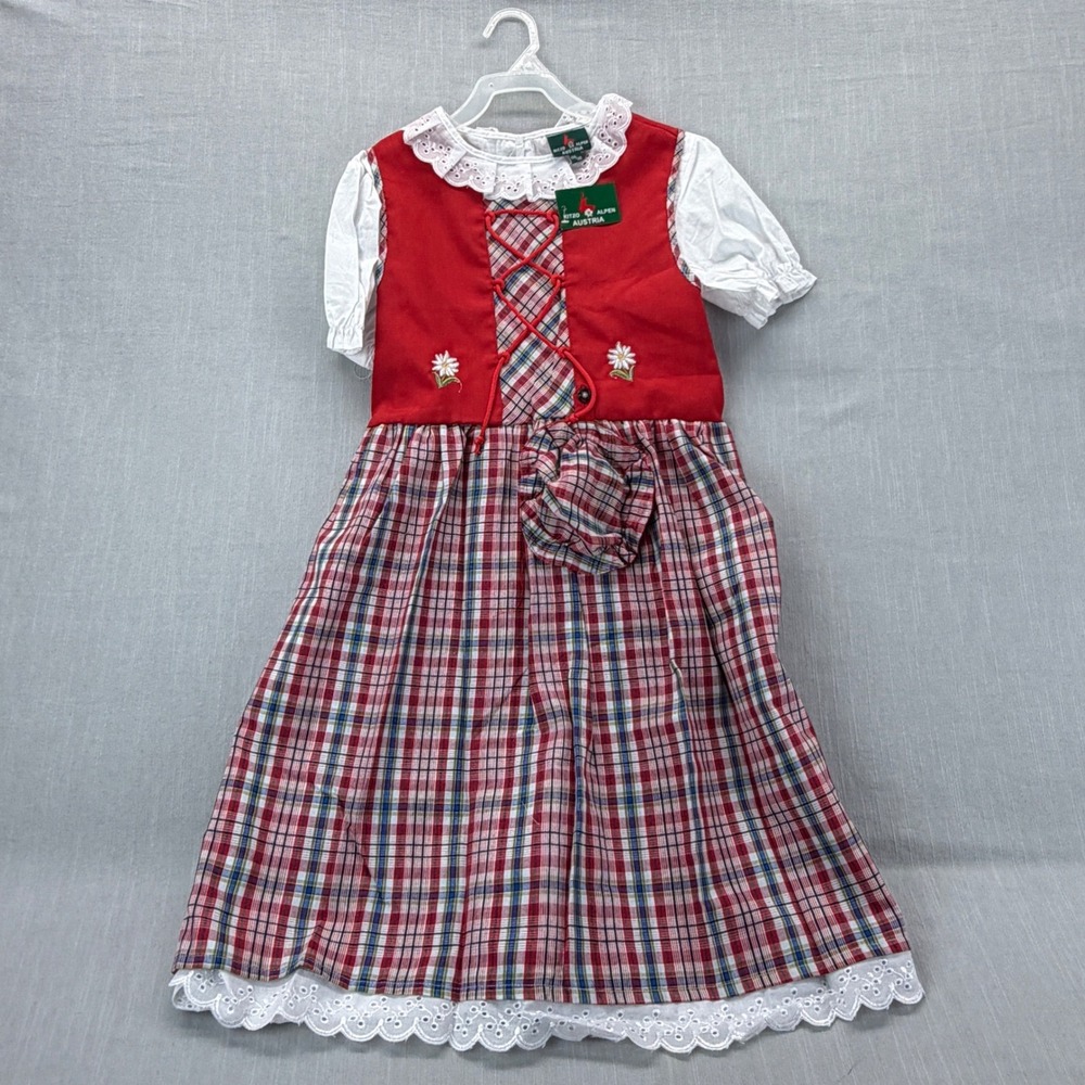 Vintage Kitzo Alpen Austria Dirndl Dress Red Plaid Lace Trim Kids 134 140 NWT